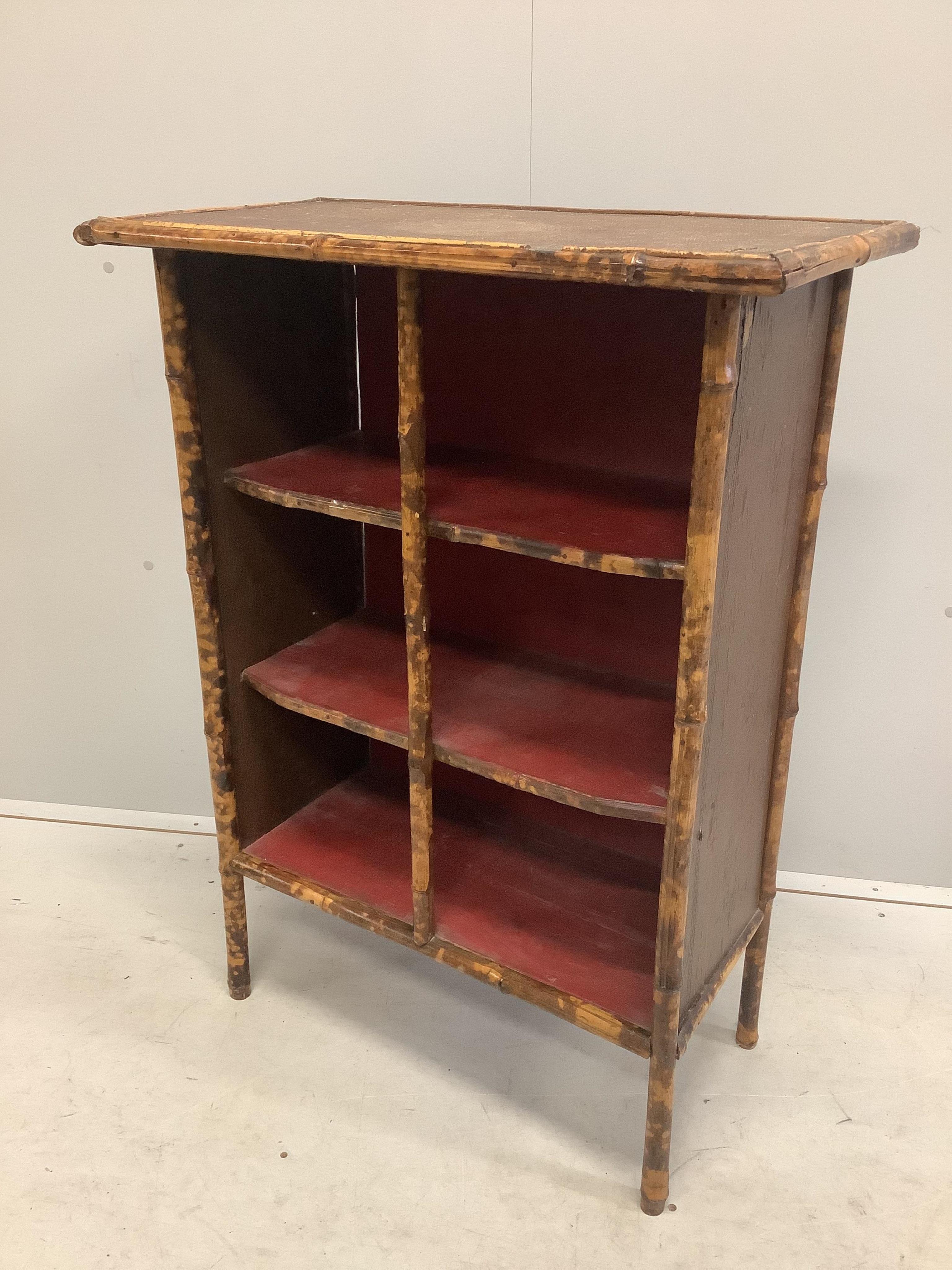 A late Victorian bamboo side cabinet, width 74cm, depth 37cm, height 99cm. Condition - poor to fair